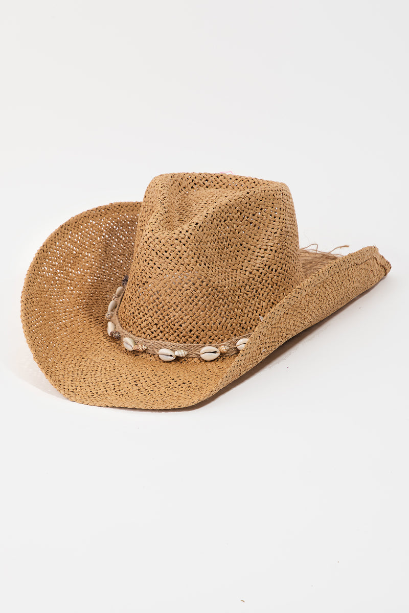 Khaki Cowgirl Beach Hat with Shells