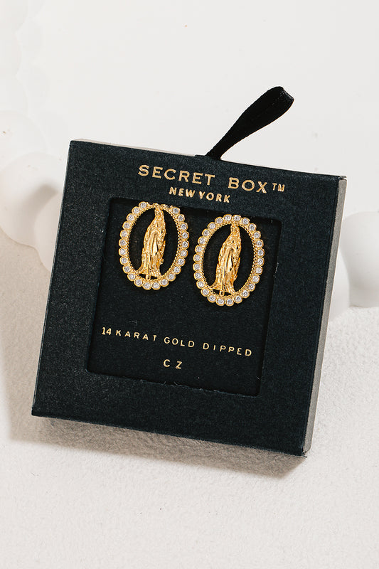 Secret Box Gold Dipped Cz Virgin Mary Oval Stud Earrings