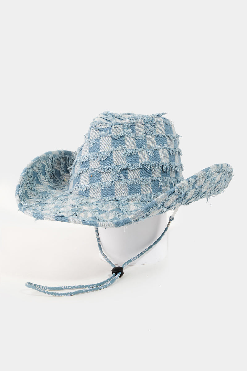 Checkered Fringe Denim Cowboy Hat