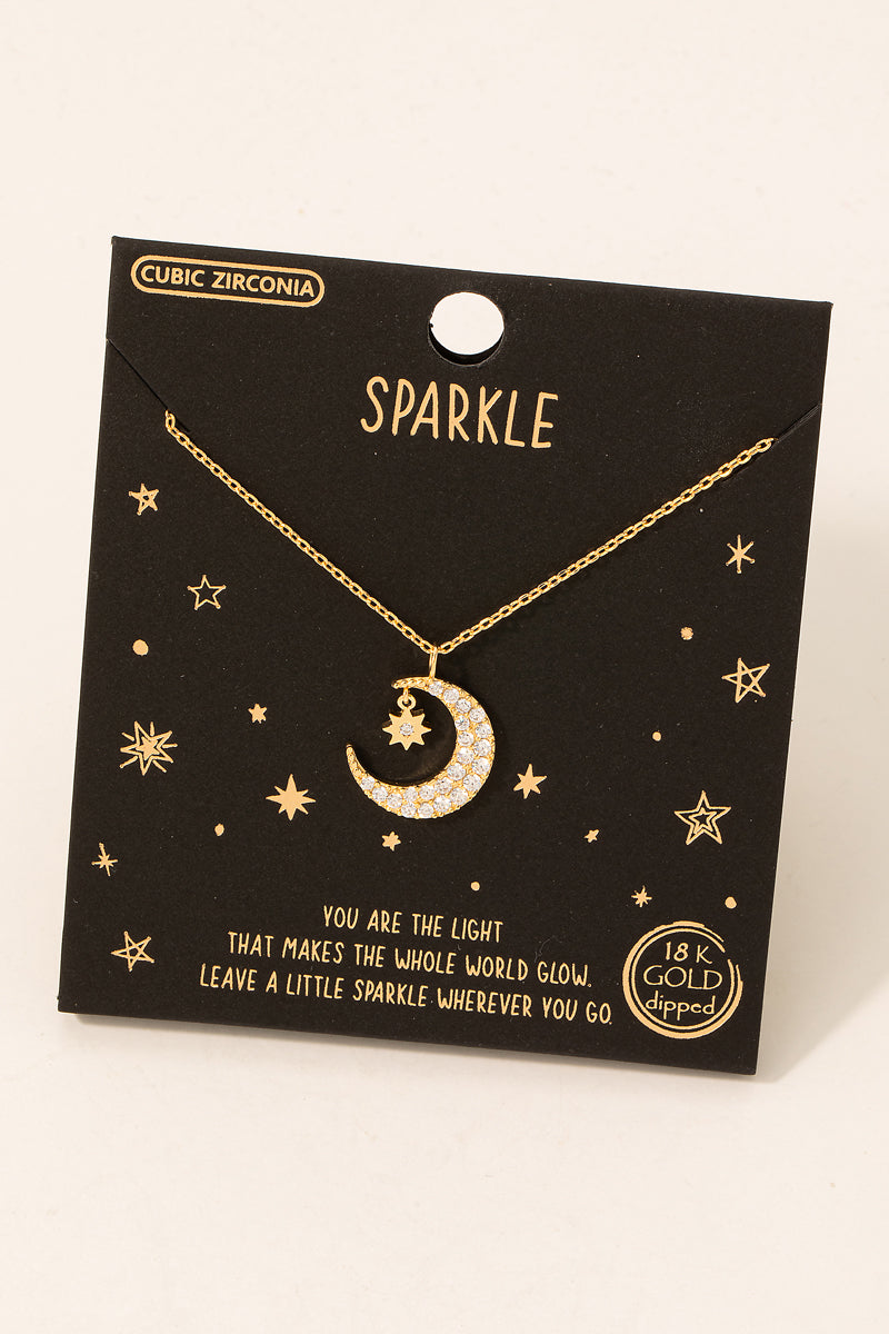 Gold Dipped Sparkle Star And Moon Pendant Necklace