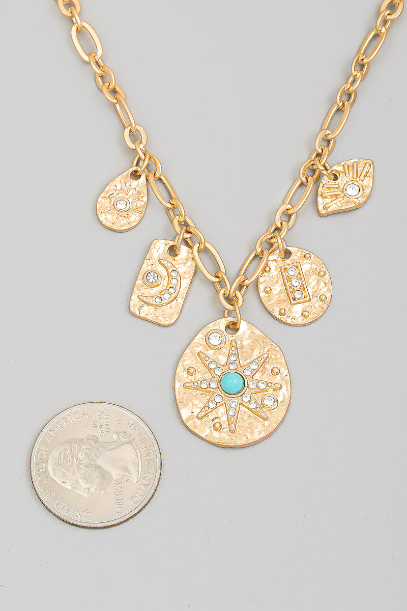 Hammered Star Moon Disc Charm Necklace