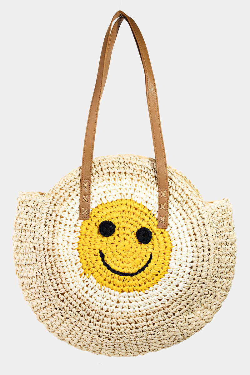 Straw Braided Round Happy Face Tote Bag