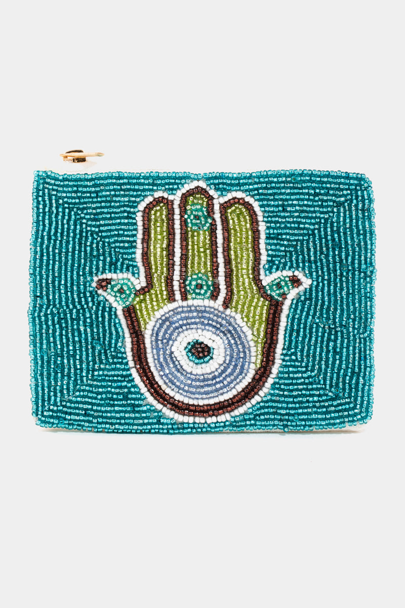 Blue Beaded Hamsa Hand Coin Purse