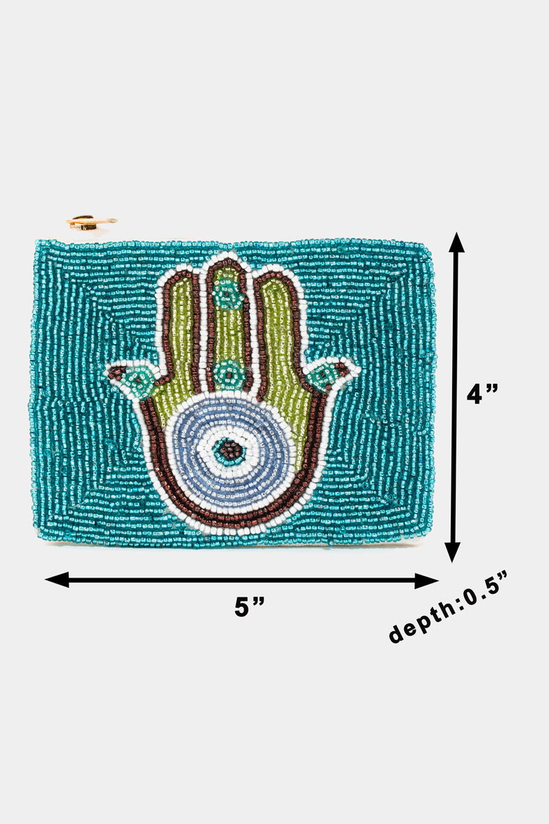 Blue Beaded Hamsa Hand Coin Purse