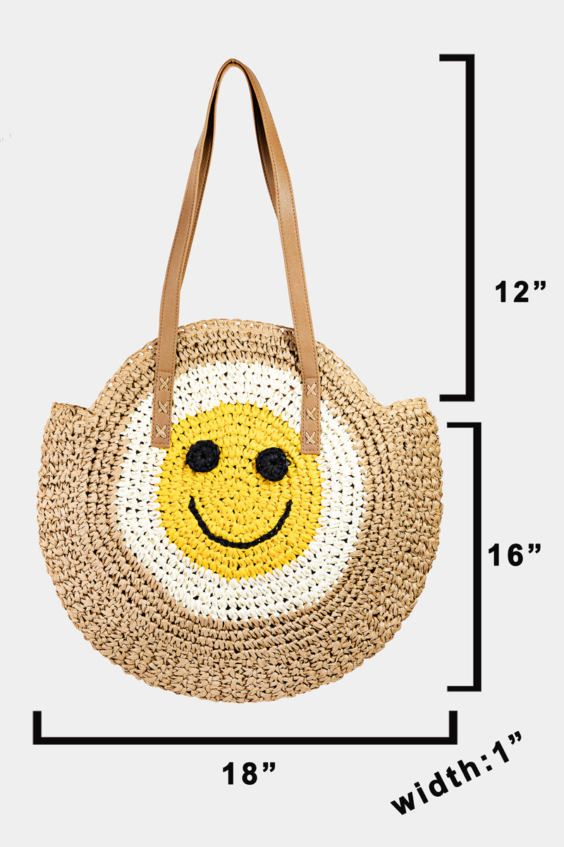 Straw Braided Round Happy Face Tote Bag