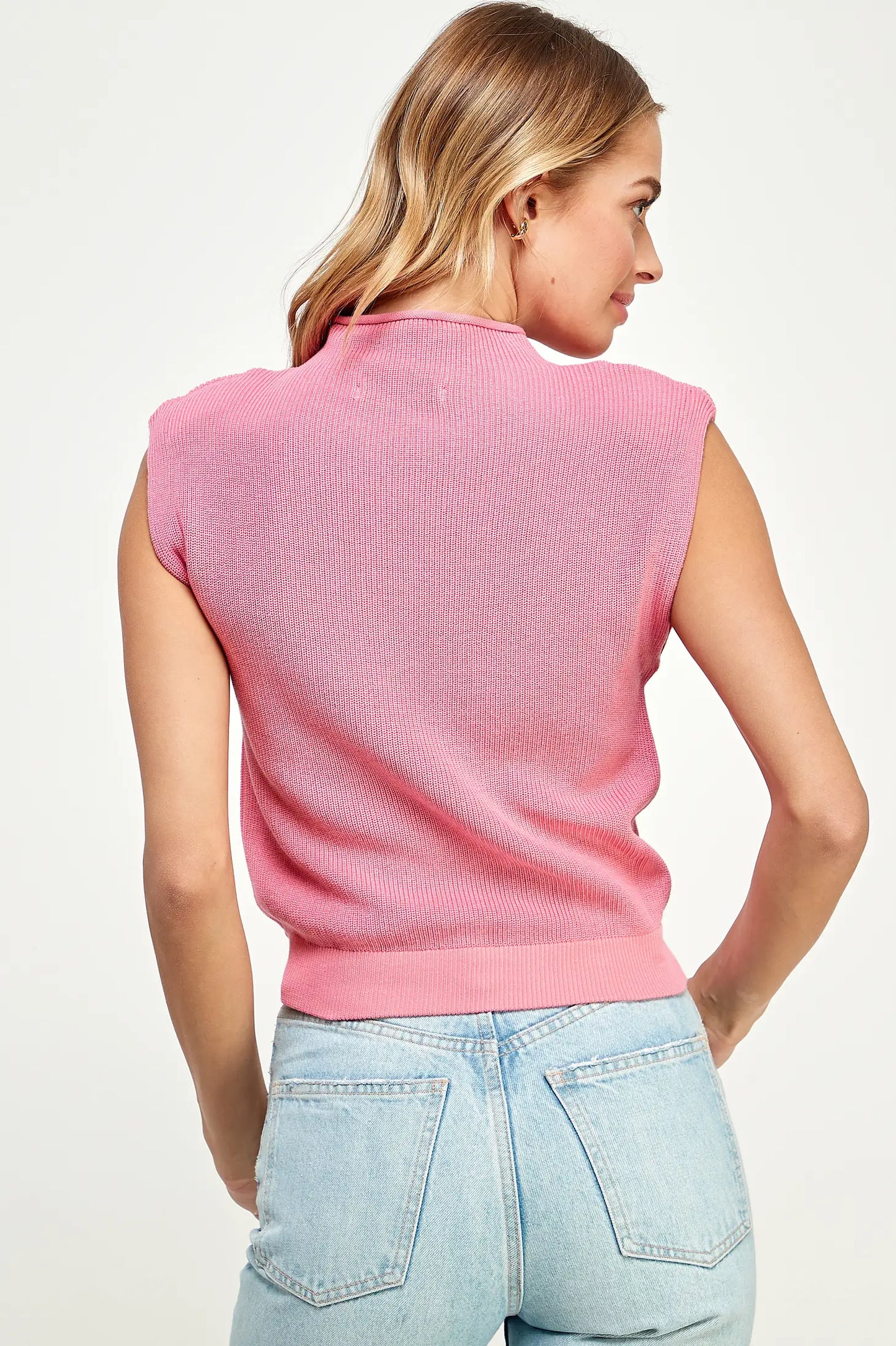 Mock Neck Power Shoulder Top Bubble Pink