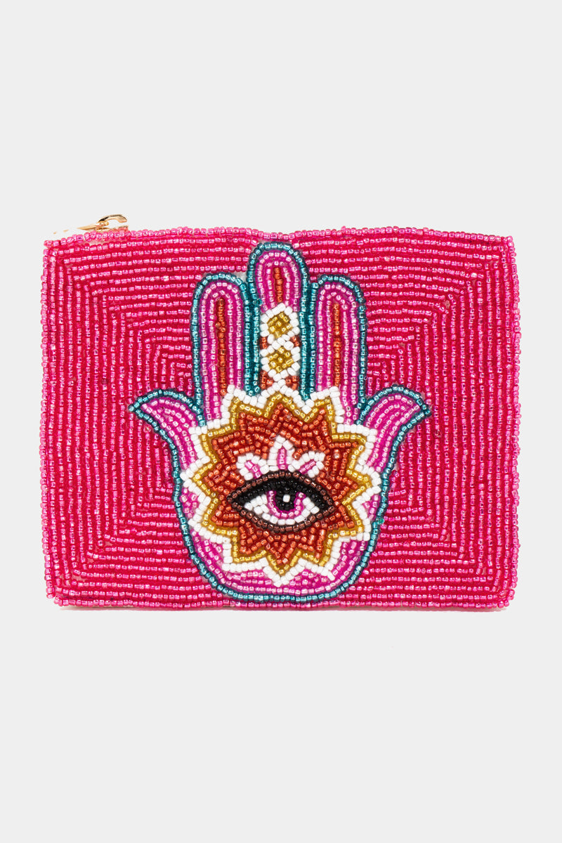 Pink Beaded Hamsa Hand Coin Purse