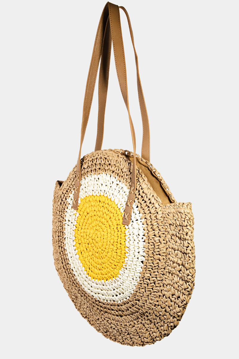 Straw Braided Round Happy Face Tote Bag