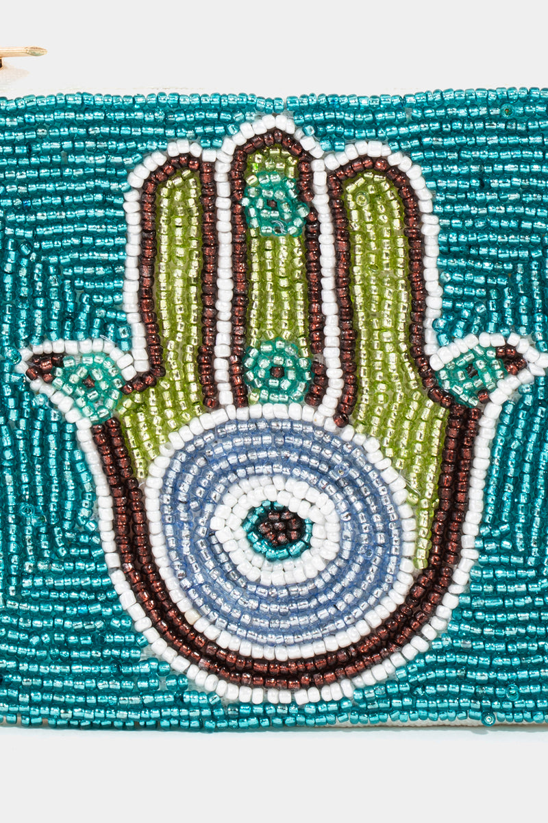 Blue Beaded Hamsa Hand Coin Purse