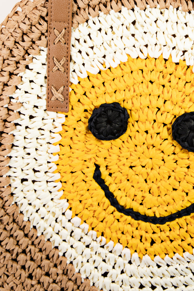 Straw Braided Round Happy Face Tote Bag