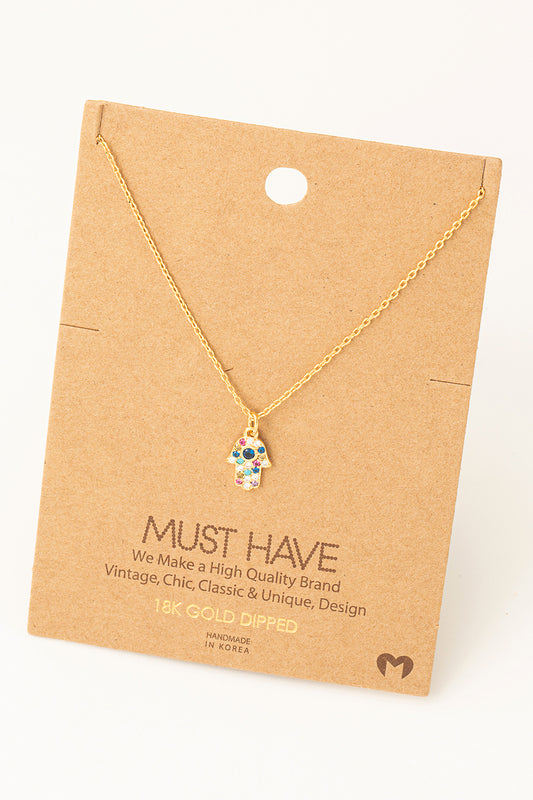 Rainbow Rhinestone Hamsa Hand Pendant Necklace