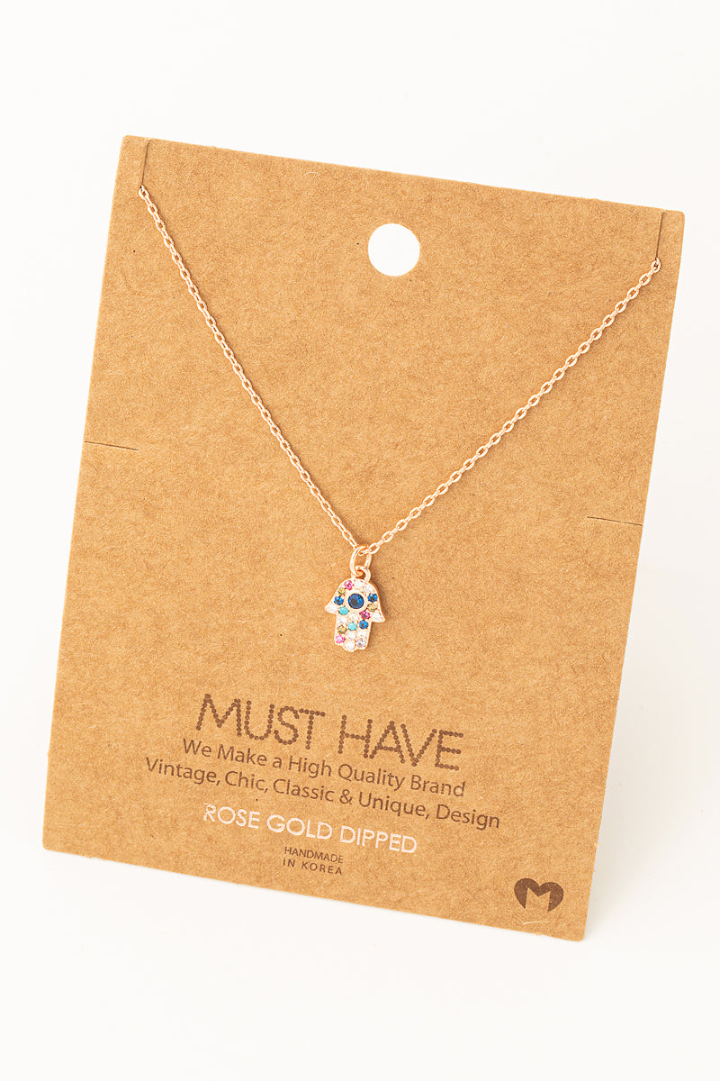 Rainbow Rhinestone Hamsa Hand Pendant Necklace