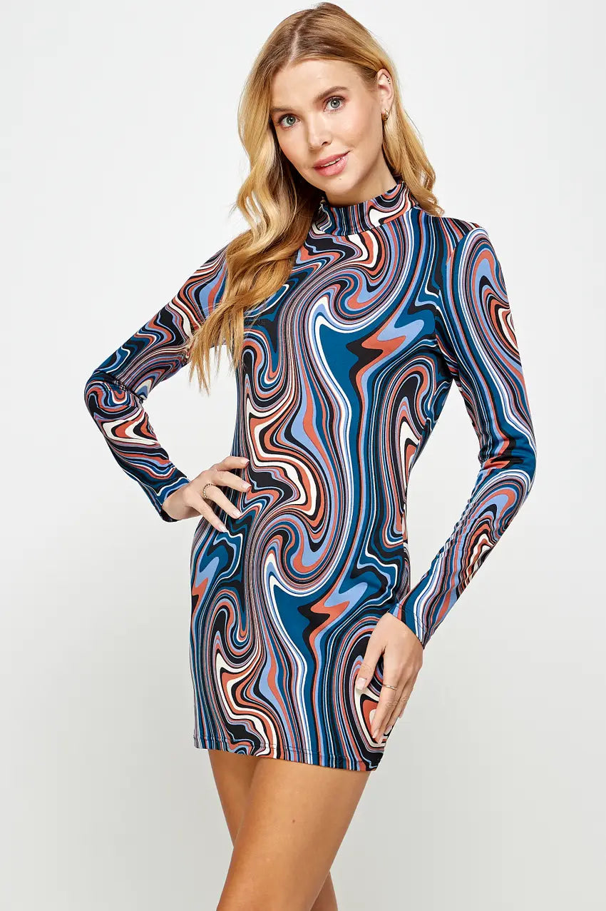 Long Sleeve Abstract Print Body Dress