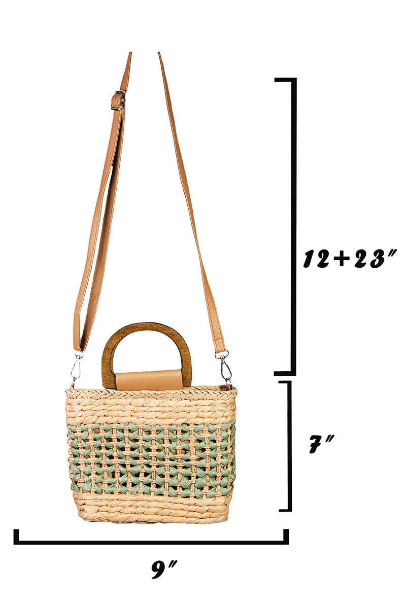 Square Basket Weave Wooden Top Handle Bag