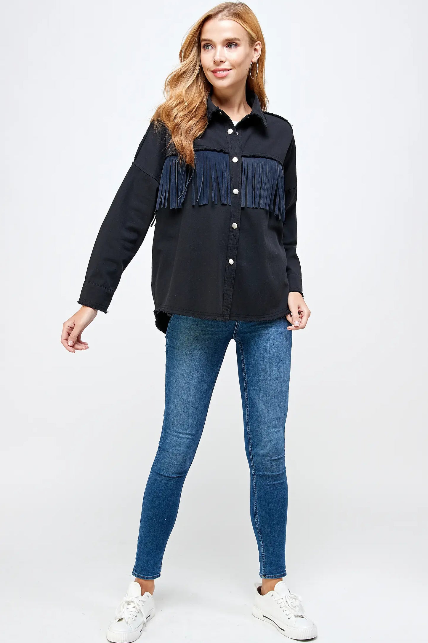 Fringe Button Down Shirt Jacket (Shacket) Midnight