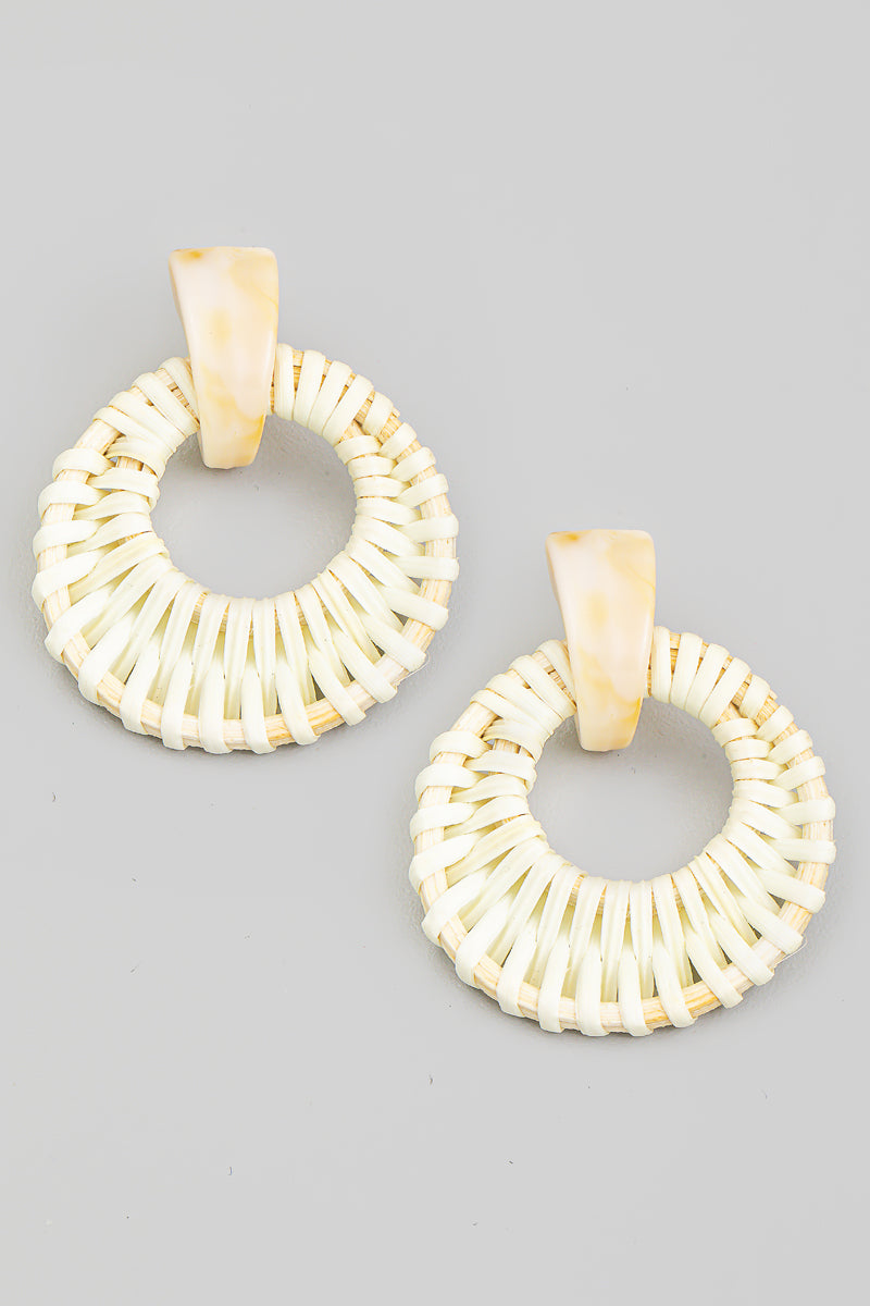 Straw Braided Circle Disc Drop Earrings