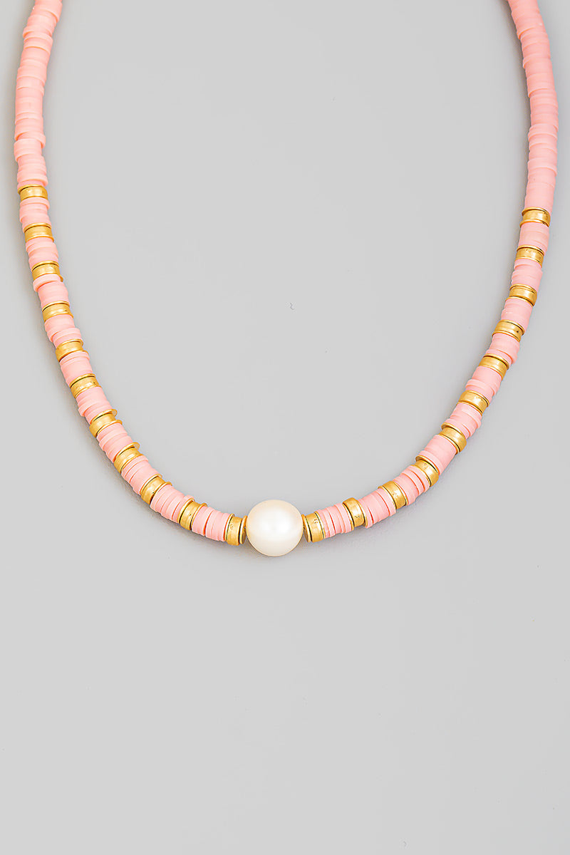 Heishi Beaded Pearl Charm Necklace