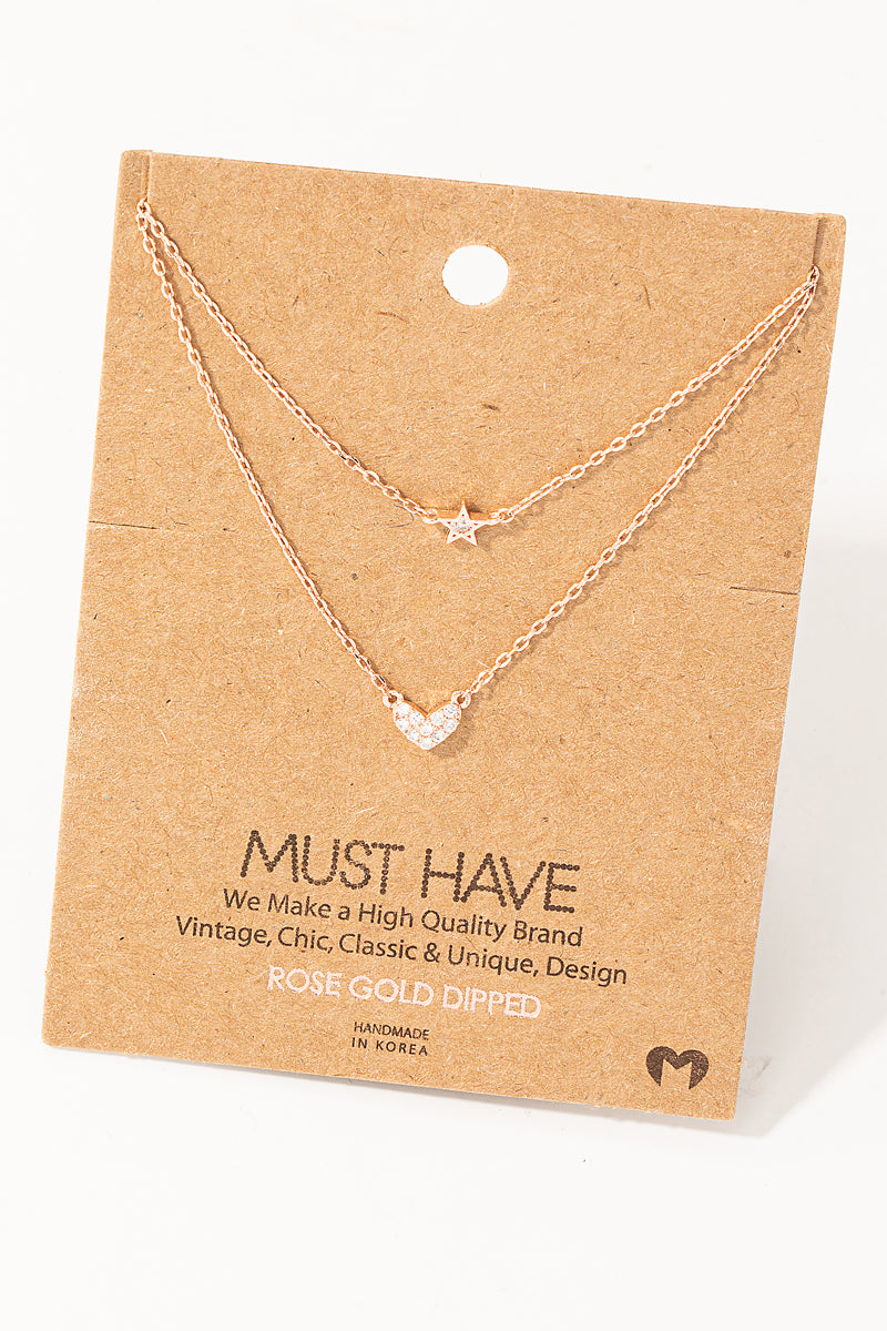 Layered Chain Pave Heart Star Necklace