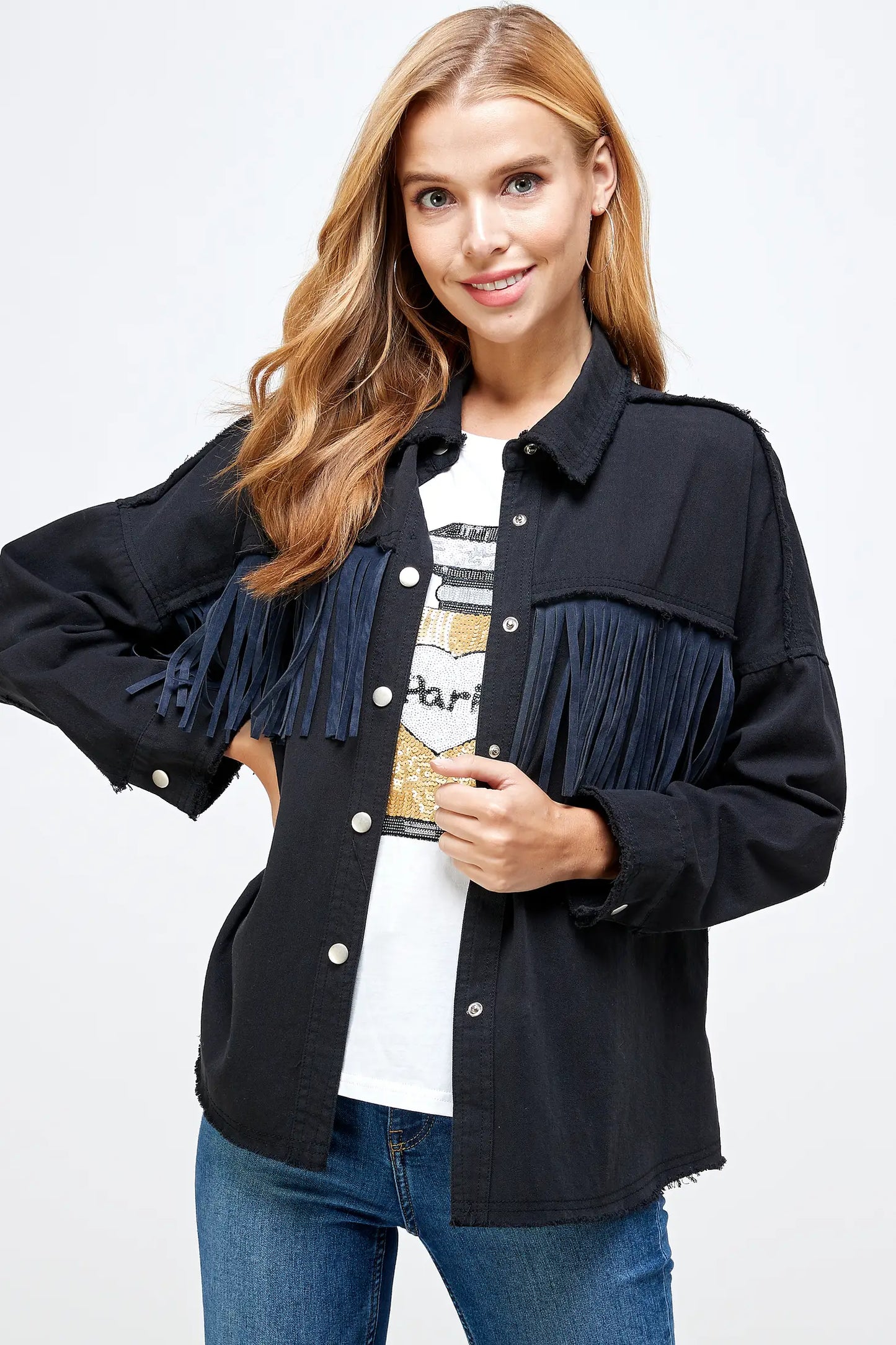 Fringe Button Down Shirt Jacket (Shacket) Midnight