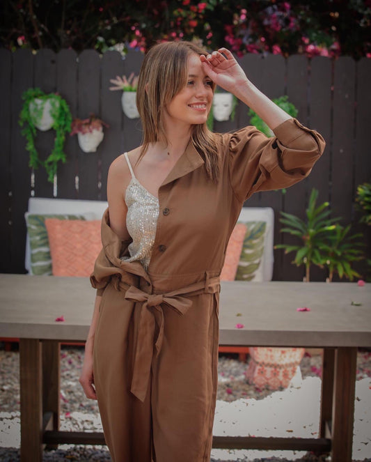 Brown Button/Long Sleeve with Pockets Jumpsuit