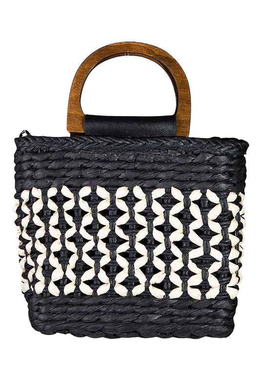 Square Basket Weave Wooden Top Handle Bag