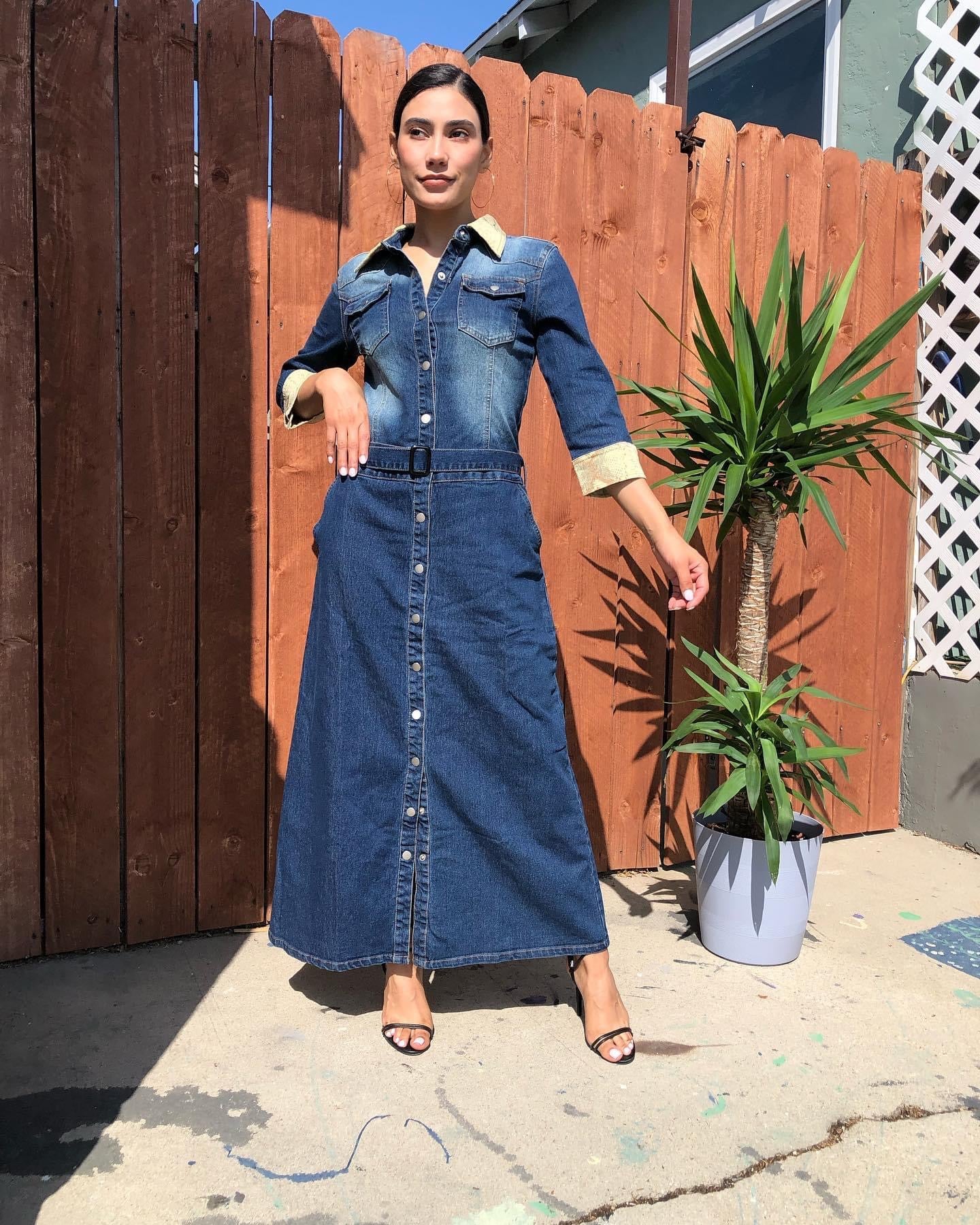 Button Front Belted Denim Dress