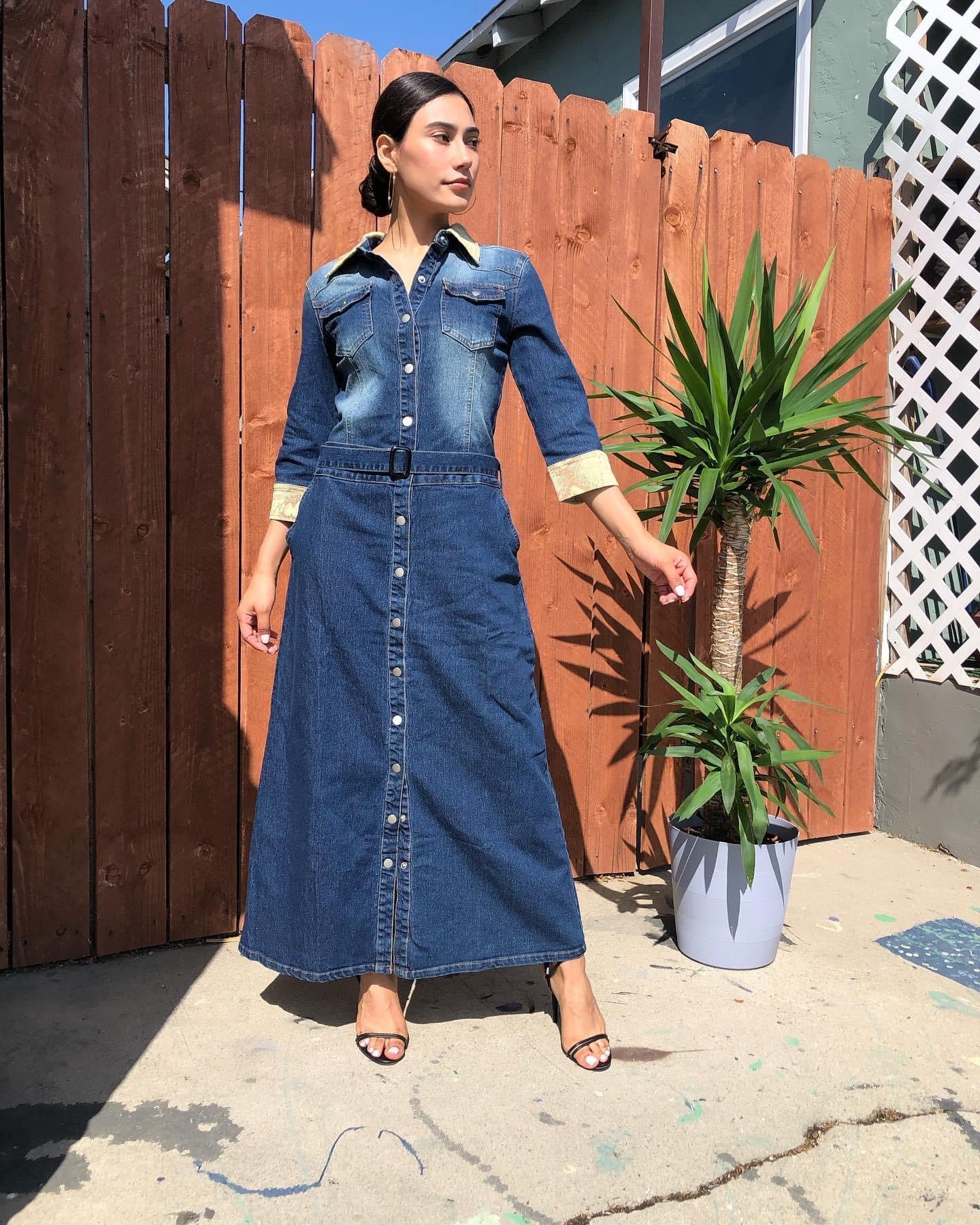 Button Front Belted Denim Dress