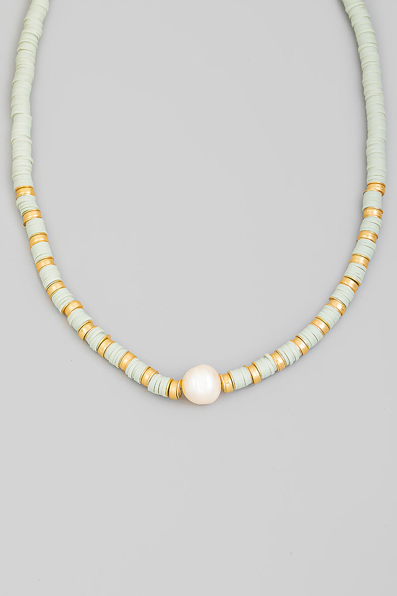 Heishi Beaded Pearl Charm Necklace