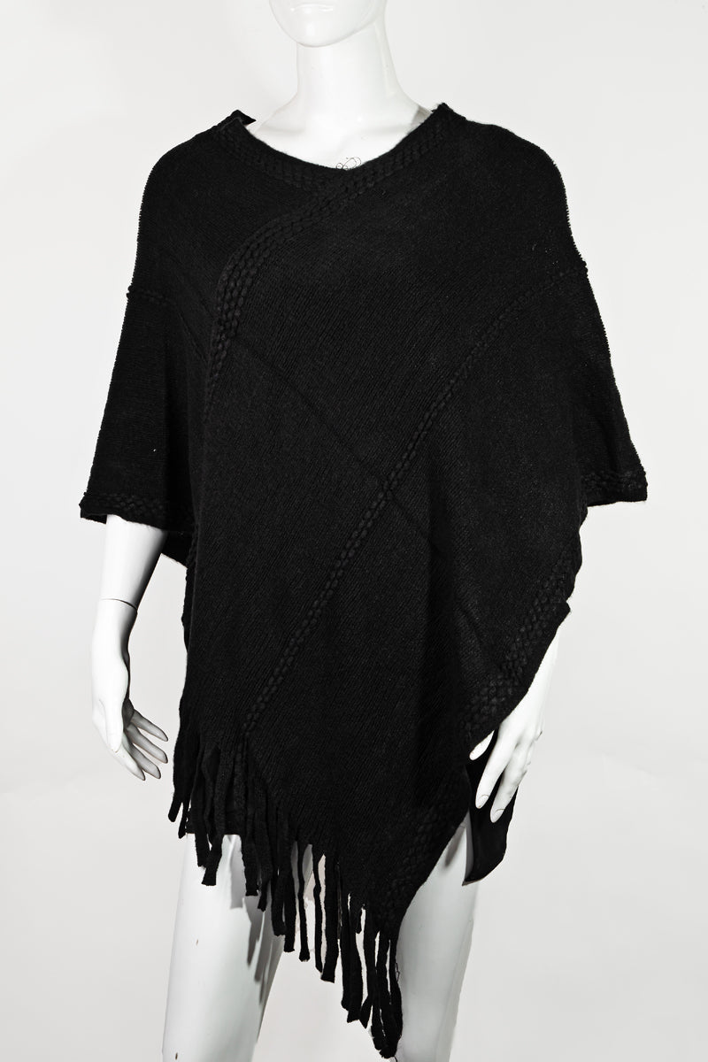 Knitted Fringe Trim Poncho