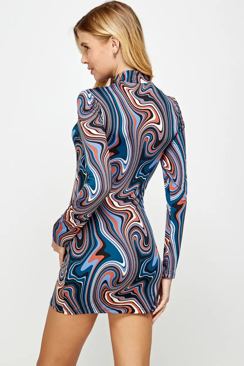 Long Sleeve Abstract Print Body Dress