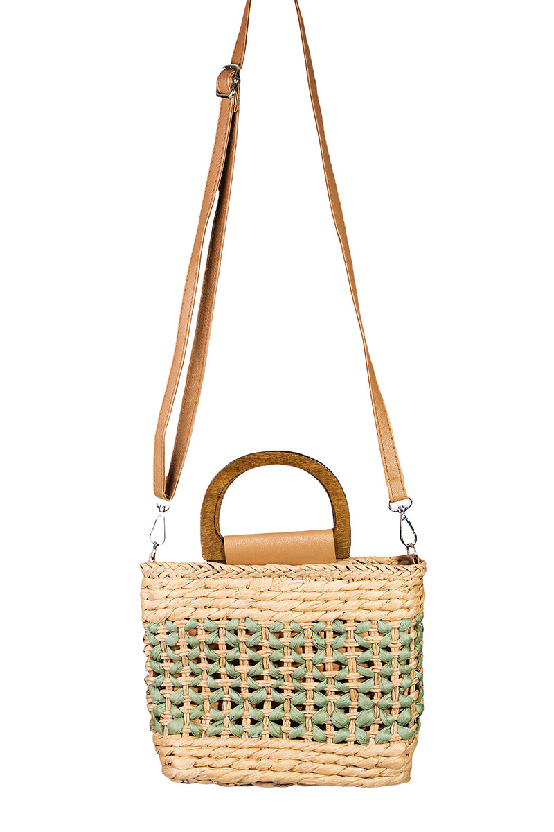 Square Basket Weave Wooden Top Handle Bag