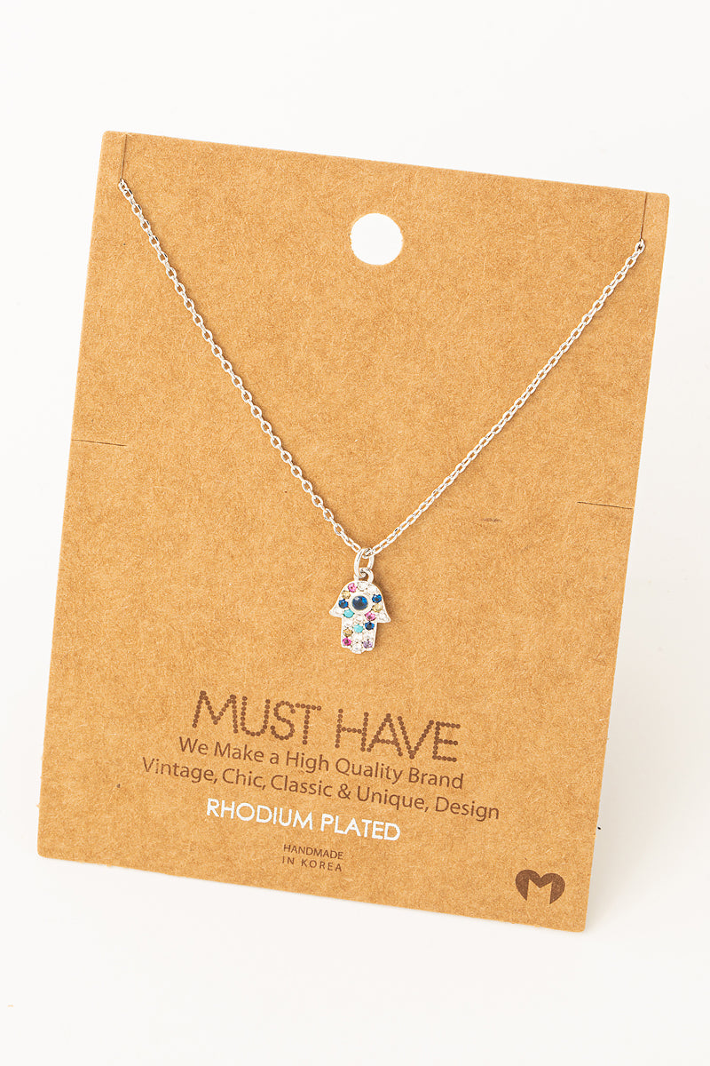 Rainbow Rhinestone Hamsa Hand Pendant Necklace