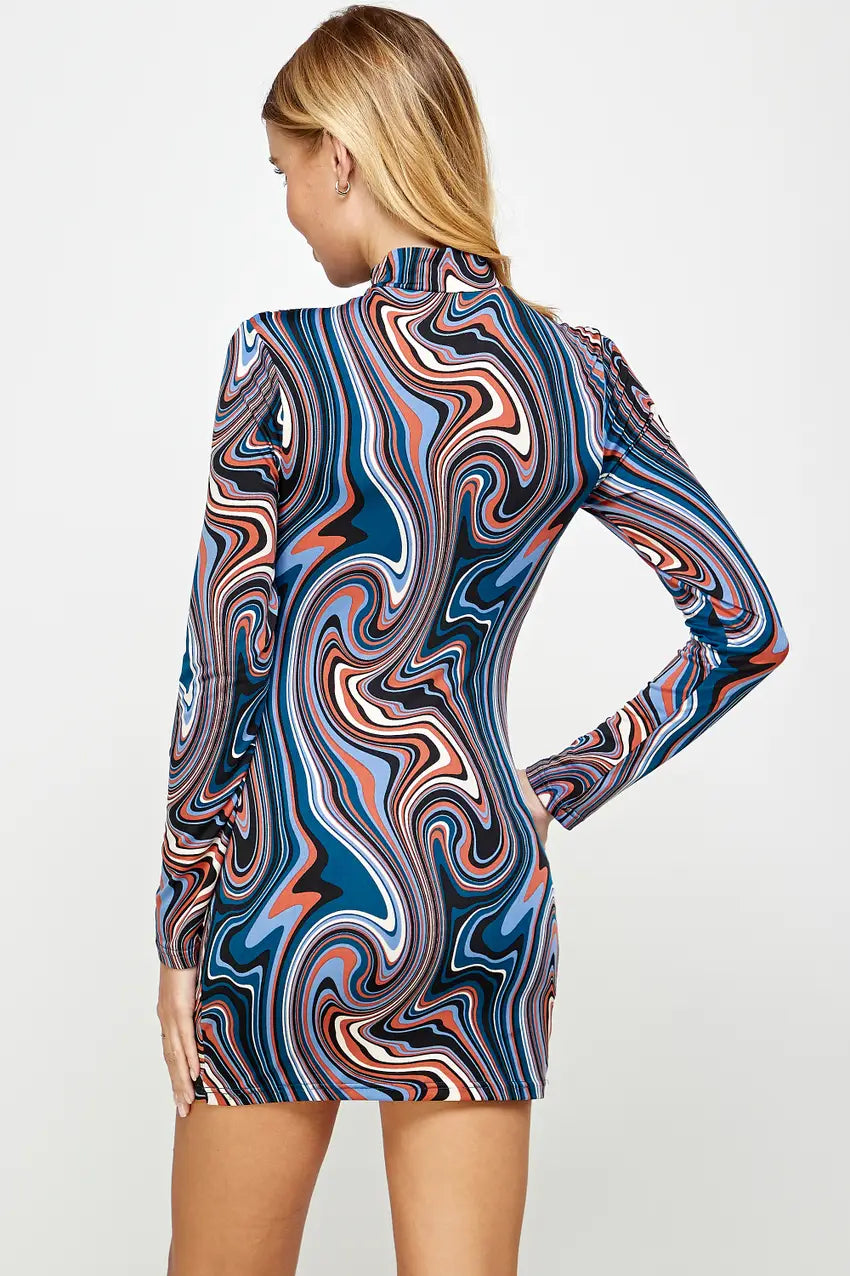 Long Sleeve Abstract Print Body Dress