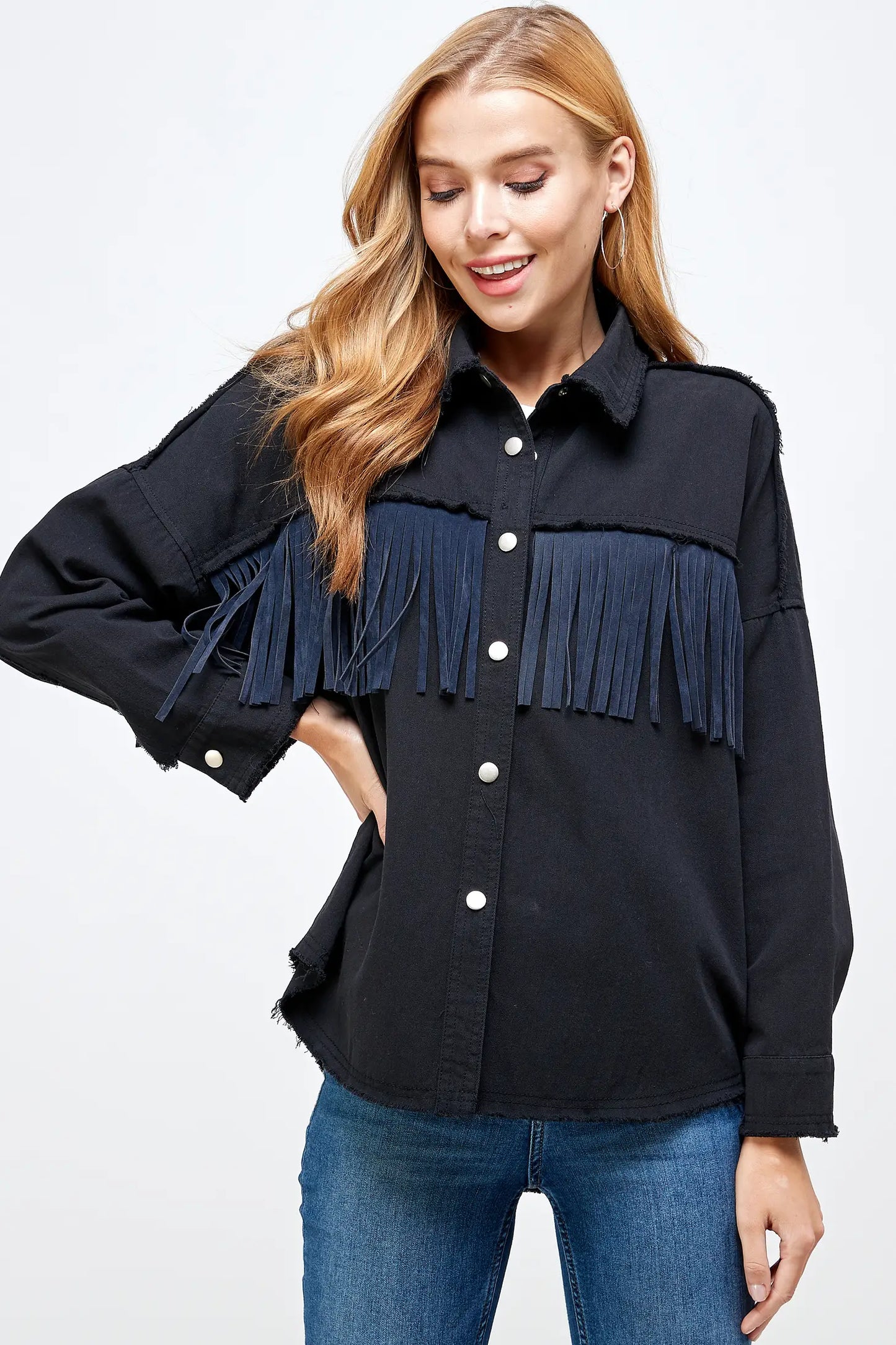 Fringe Button Down Shirt Jacket (Shacket) Midnight