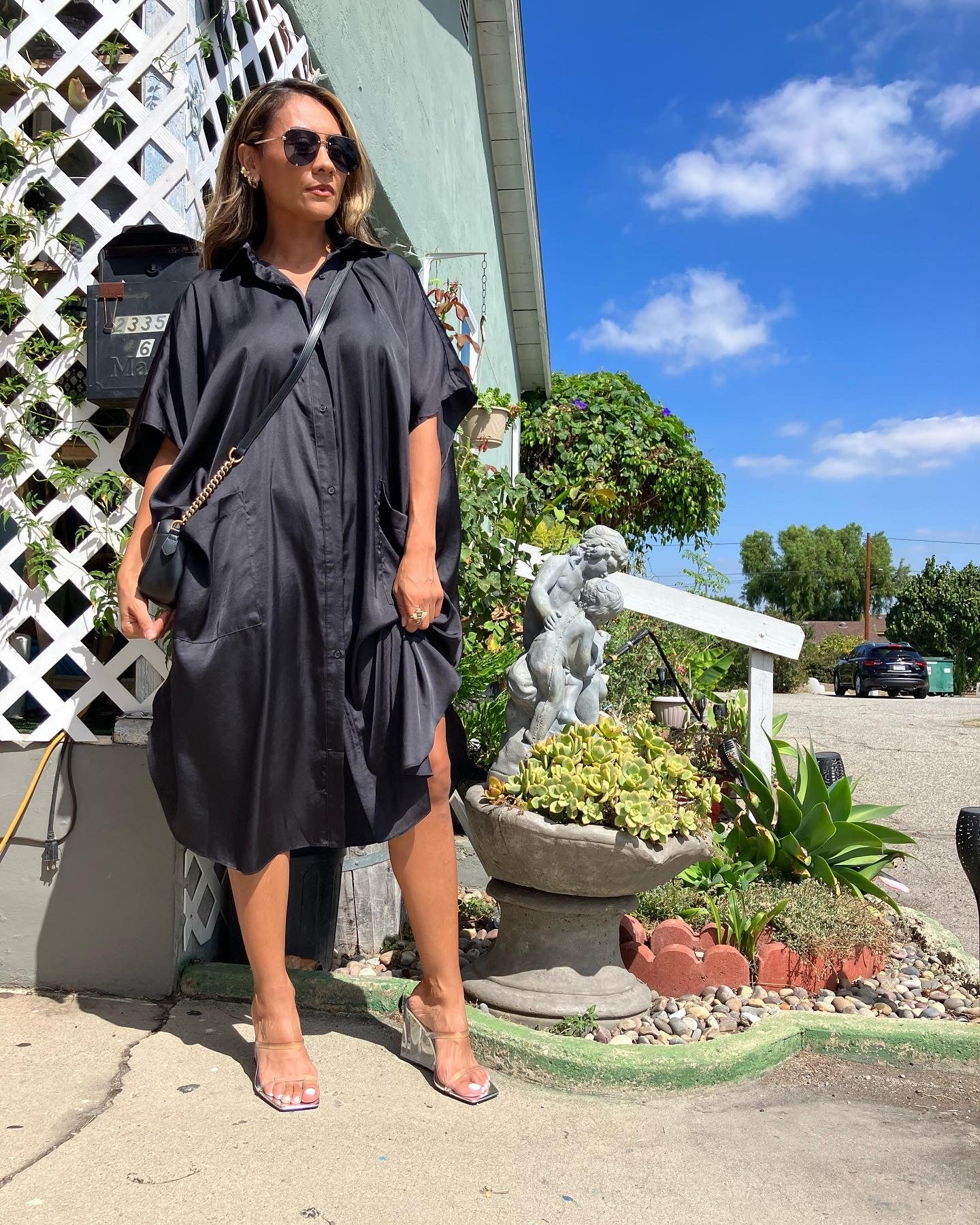 Black Oversized Satin with Front Pockets Dress