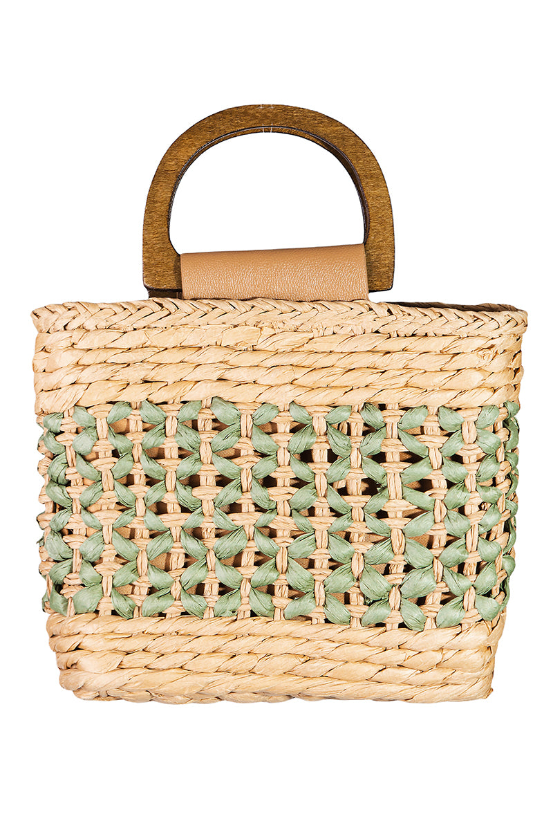 Square Basket Weave Wooden Top Handle Bag