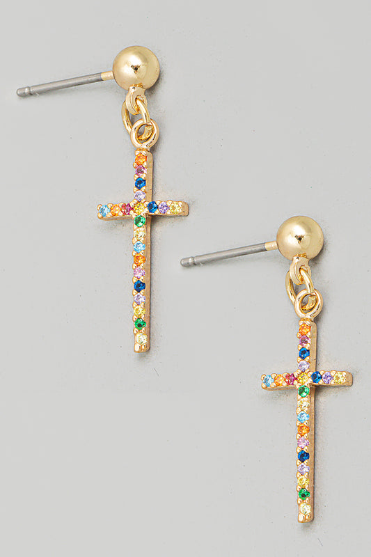 Pave Rainbow Cross Drop Earrings