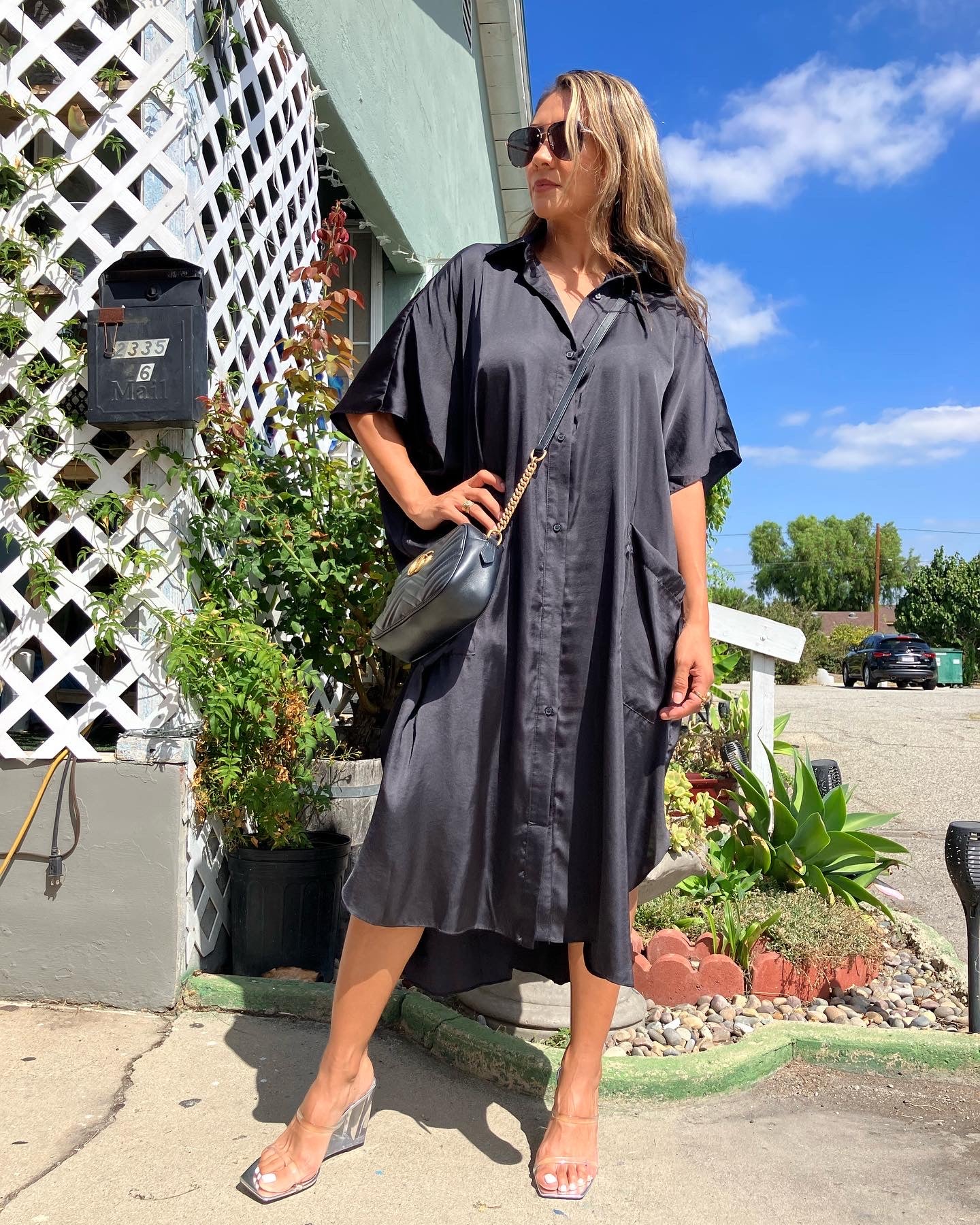 Black Oversized Satin with Front Pockets Dress