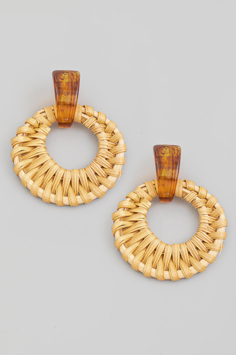 Straw Braided Circle Disc Drop Earrings