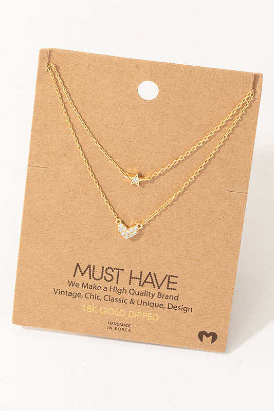 Layered Chain Pave Heart Star Necklace