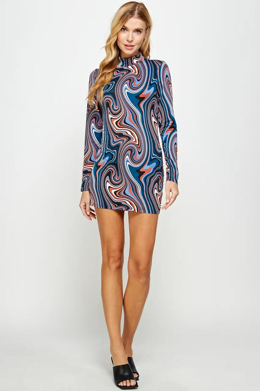 Long Sleeve Abstract Print Body Dress